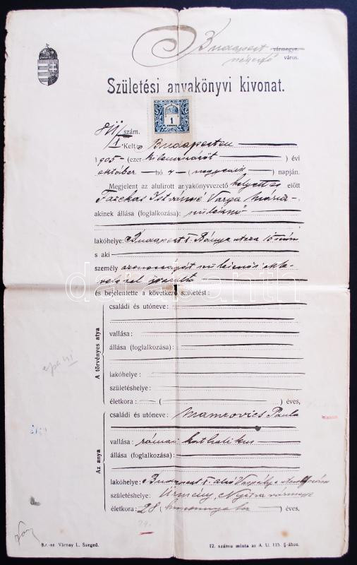 1905 Szuletesi Anyakonyvi Kivonat 1k Illetekbelyeggel 1k Darabanth Auctions Co Ltd