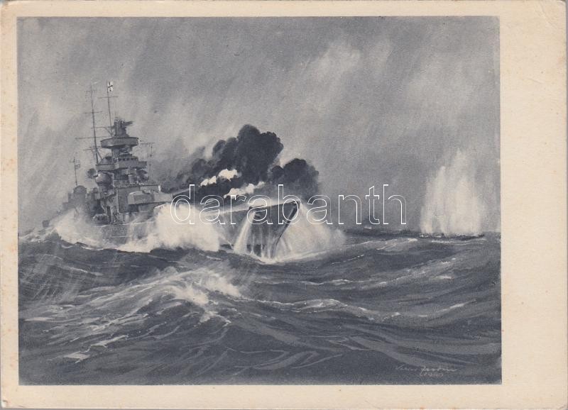 German battleship 'Scharnhorst', English battleship 'Renown', artist signed