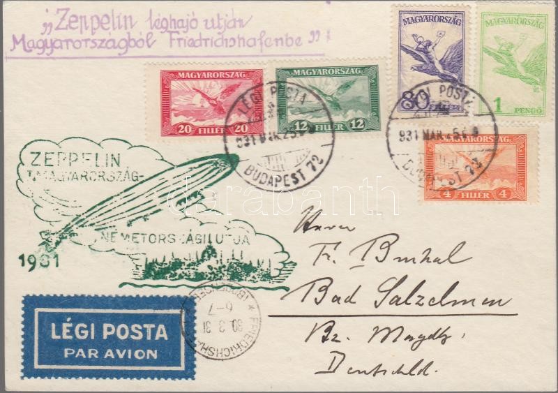 Zeppelin flight from Hungary to Germany postcard franked with airmail stamps instead of Zeppelin stamps, Zeppelin magyarország- németországi útja levelezőlap Zeppelin bélyegek helyett 1927 Légiposta bérmentesítéssel