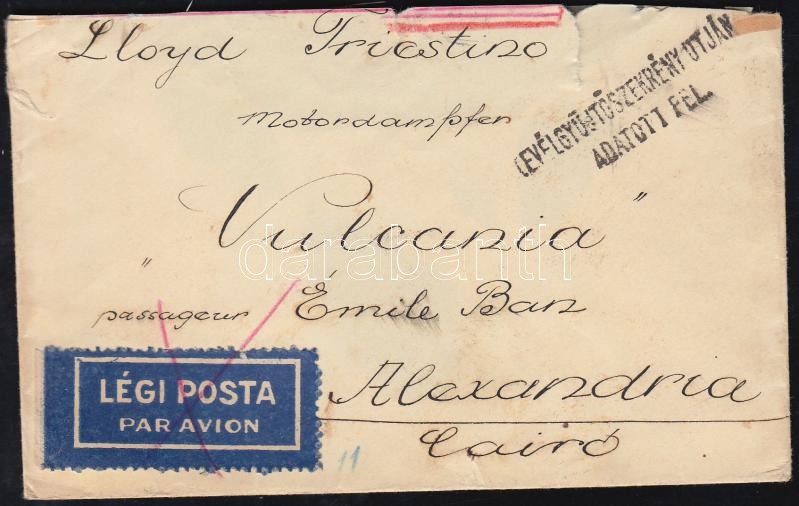 Légi levél Alexandriába a Vulcania hajó utasának, Airmail cover to Alexandria to passenger of steamer Vulcania
