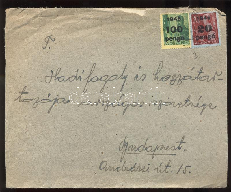 domestic cover franking, (5. díjszabás) Távolsági levél Kisegítő 20P/30f + 100P/12f bérmentesítéssel