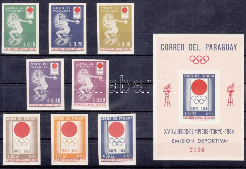 Tokyo Summer Olympics imperforated set+imperforated block, Tokiói nyári olimpia vágott sor + vágott blokk