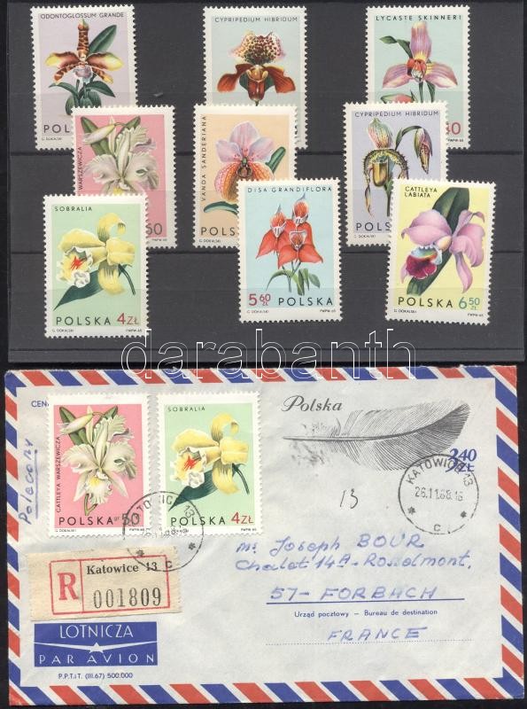 Orchids set + Mi 1615 & 1618 on registered philatelic airmail to France, Orchideák sor Mi 1612-1620 + Mi 1615 és 1618 ajánlott légi filatelista levélen Franciaországba