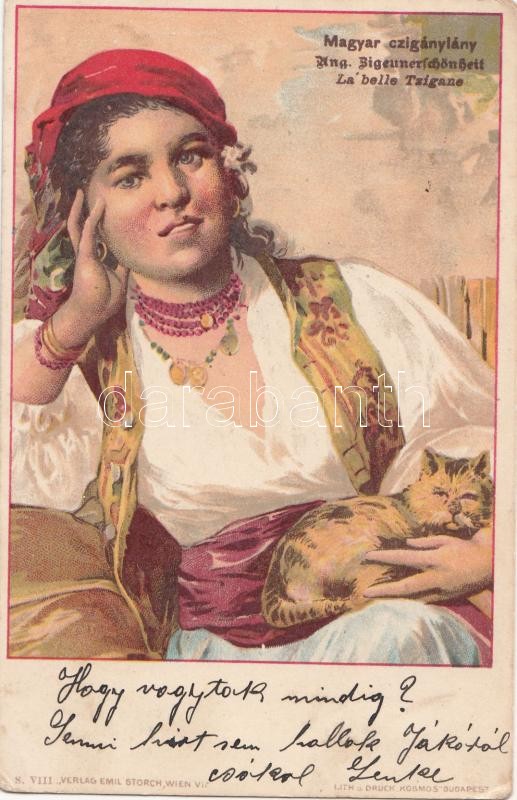1899 Hungarian gypsy girl, cat, litho, 1899 Magyar cigánylány, macska, litho