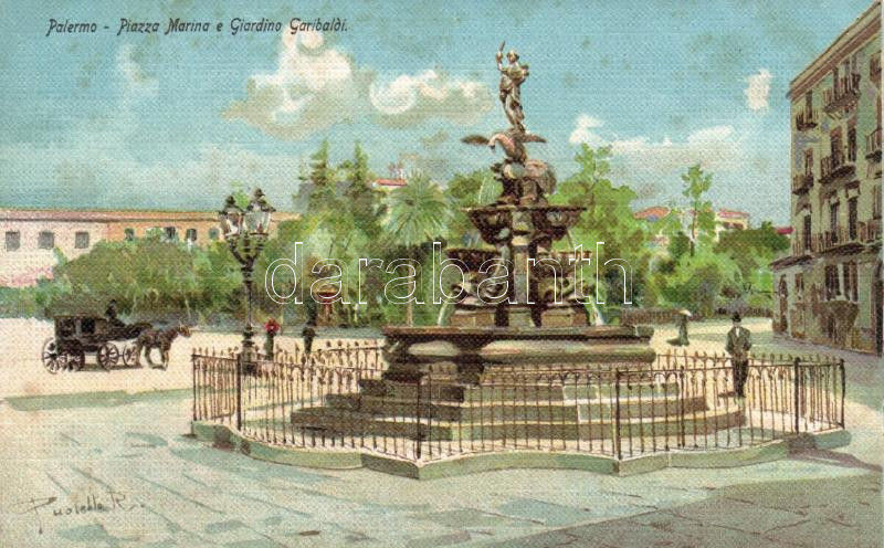 Palermo, Piazza Marina e Giardino Garibaldi, artist signed litho