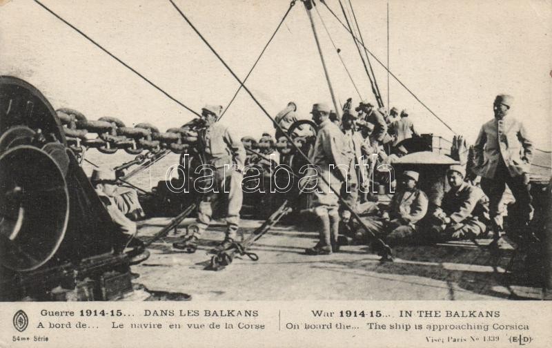 Első világháborús hadihajók elérik Korzikát, 1914-1915 Balkan front, battleship approaching Corsica