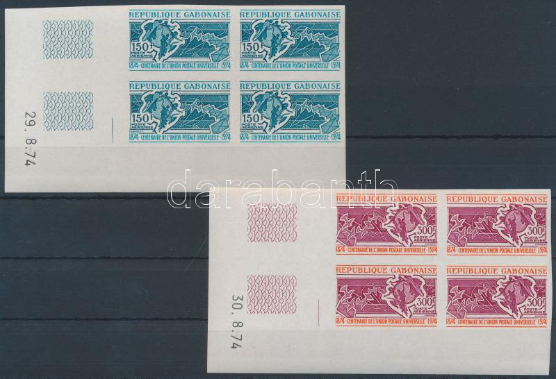 UPU Centenary imperforated set in corner blocks of 4 with 2-2 blank fields, 100 éves az UPU vágott sor ívsarki négyestömbökben 2-2 üresmezővel