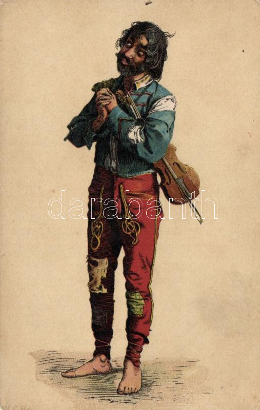 Gypsy musician, folklore, litho, Cigány zenész, folklór litho