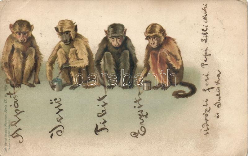 1899 Monkeys litho (wet damage), 1899 Majmok litho (ázott)