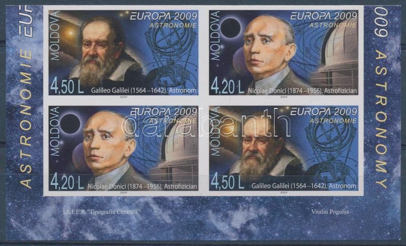 Europa: Astronomy 2 imperforated set on a half stamp-booklet page, Európa: Csillagászat 2 vágott sor fél bélyegfüzetlapon