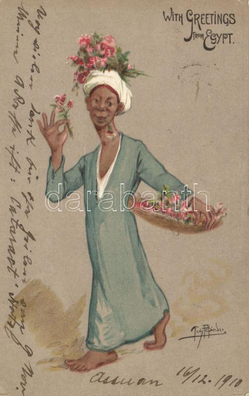 Egyptian man with flowers, litho s: Binder, Egyiptomi férfi virággal, litho s: Binder