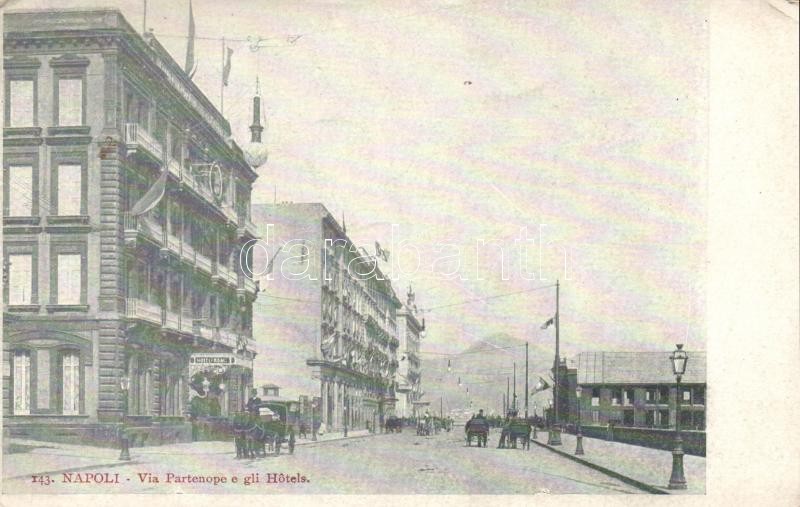 Naples, Napoli; Via Partenope e gli Hotels / street view, hotel, horse-drawn carriage