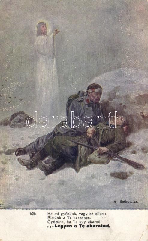WWI military propaganda, dying soldier s: A. Setkowicz, Első világháborús katonai lap, hadokló katona s: A. Setkowicz