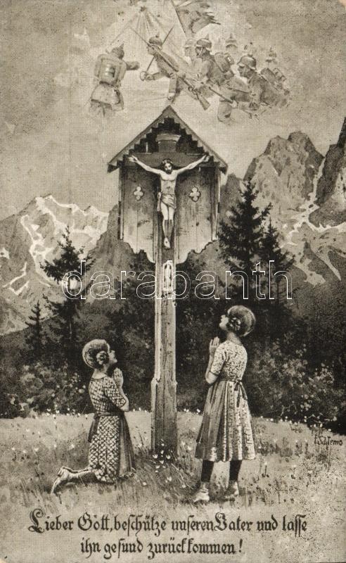 Imádkozó gyerekek, Első világháborús propaganda lap s: E. S. di Temo, Praying children, WWI military propaganda s: E. S. di Temo