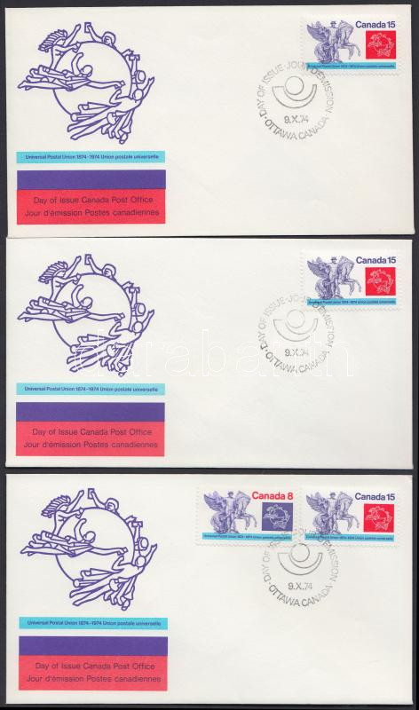 Centenary of the UPU blocks of 4 together and separately on FDCs, 100 éves az UPU négyestömbök együtt és külön 3 FDC-n