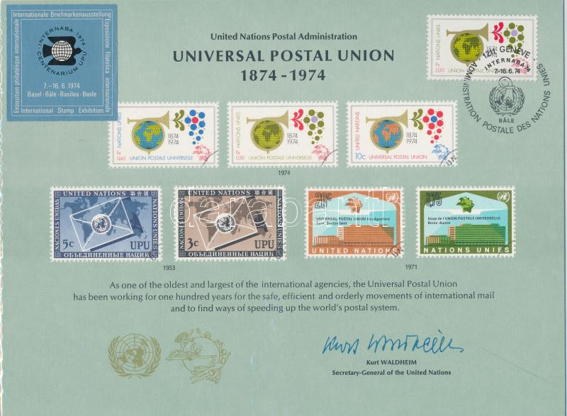 UPU Centenary set with memorial cancellation on 2 memorial cards "INTERNABA 74", 100 éves az UPU sor 2 db emléklapon "INTERNABA 74" emlékbélyegzéssel