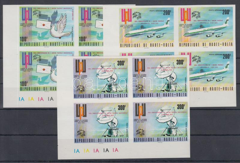 UPU Centenary overprinted set in imperforated corner blocks of 4, 100 éves az UPU felülnyomott sor vágott ívsarki négyestömbökben