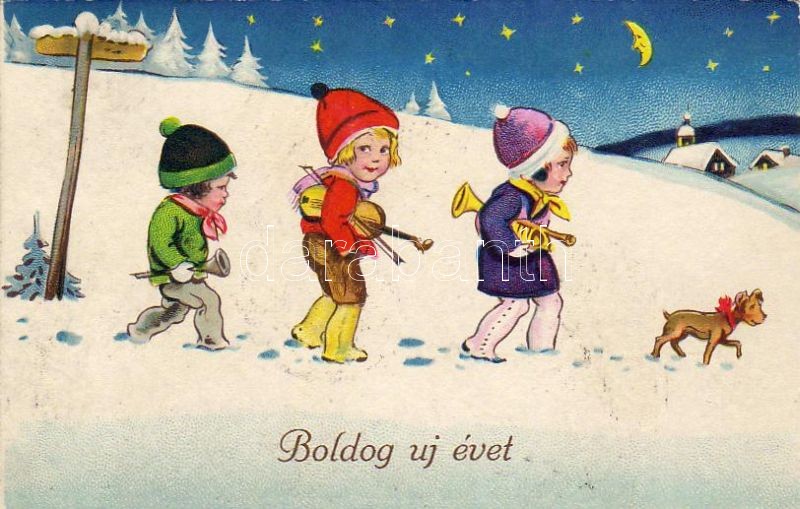 New Year, childre, trumpet, clrainet, violin, dog litho, Újév, gyerekek, trombita, klarinét, hegedű, kutya litho
