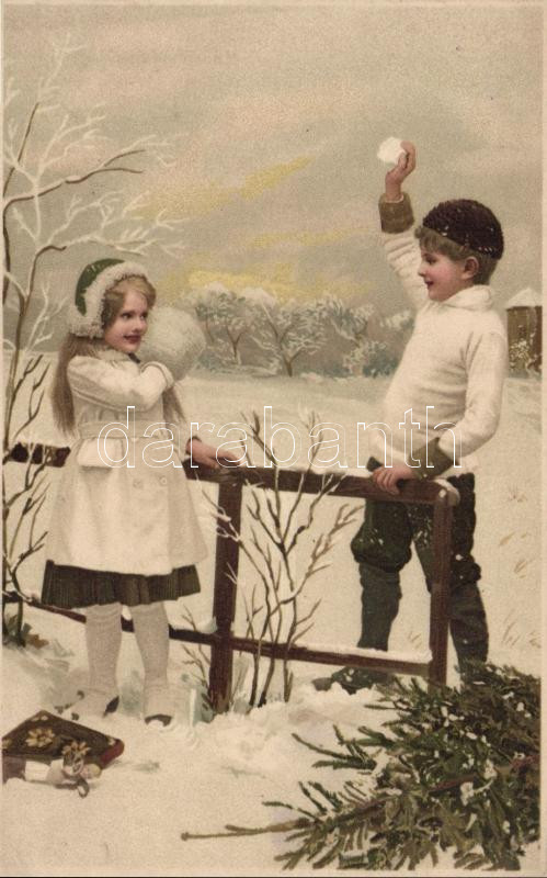 Young couple, snowball fight, Meissner & Buch 'Weihnachten im Schnee' litho, Fiatal pár hógolyózik, Meissner & Buch 'Weihnachten im Schnee' litho