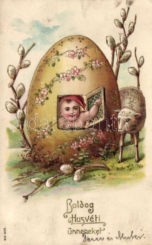 Húsvét, tojásház, kisgyerek, bárány, arany díszítés Emb. litho, Easter, egg house, child, lamb, golden decoration Emb. litho