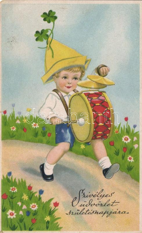 Birthday, Drummer boy, litho, Születésnapi üdvözlőlap, dobos kisfiú, litho