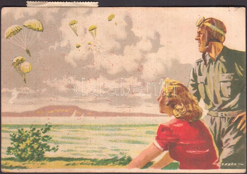 Ejtőernyősök, időjárásjelző festékkel készült képeslap, az MRSZ Repülősajtó kiadása, s: Sebők, skydiving, postcard with weather forecast paint, s: Sebők