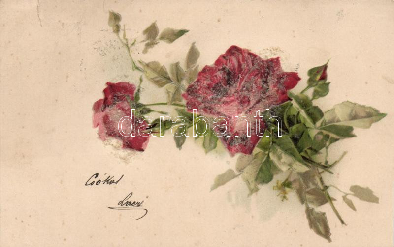 1899 Rose litho, decorated postcard, 1899 rózsa, litho, díszített képeslap