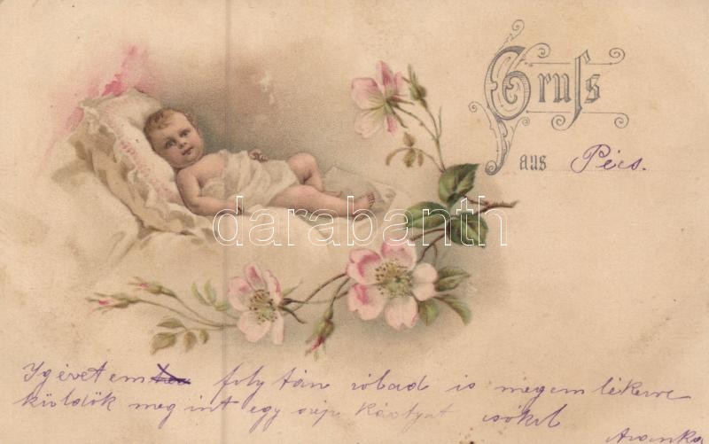 1899 Kisbaba, litho, 1899 Baby, floral, litho