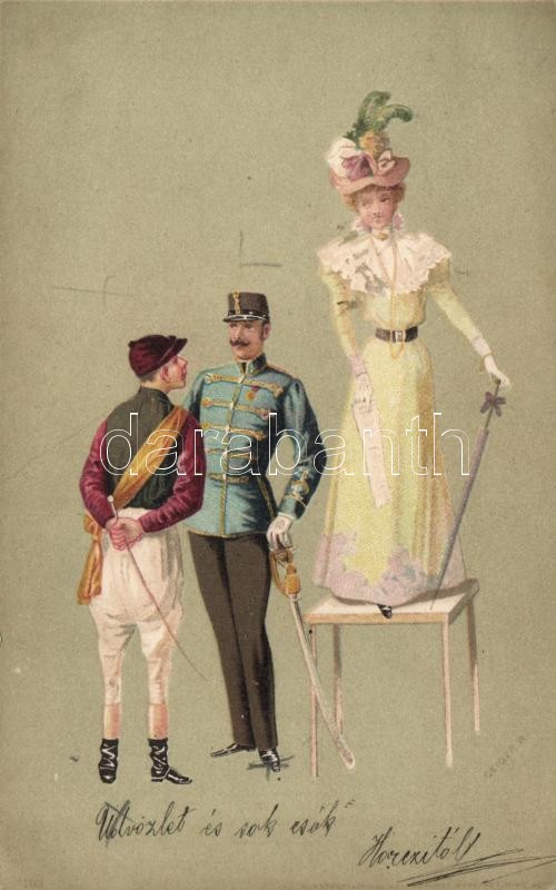 Romantic postcard, officer litho s: Geiger R., Romantikus lap, tiszt litho