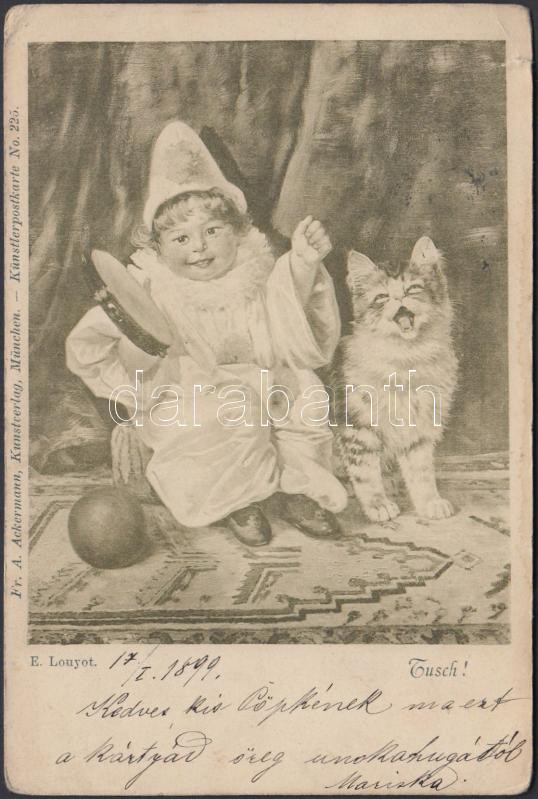 1899 bohóc, macska, 1899 E. Louyot: Tusch! / Clown, cat