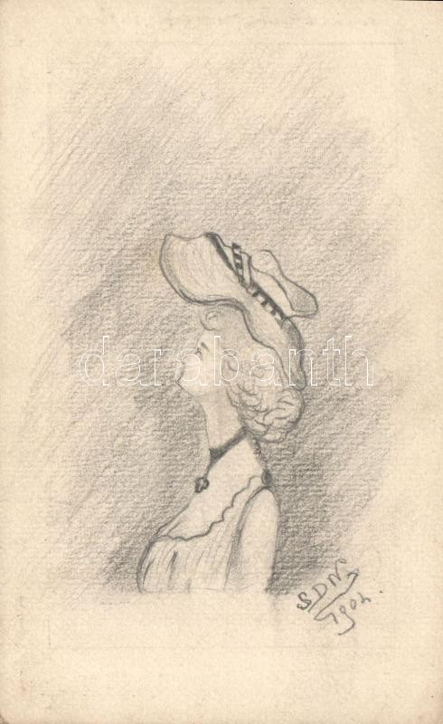 Lady, hand-drawn postcard, Hölgy, kézzel rajzol képeslap