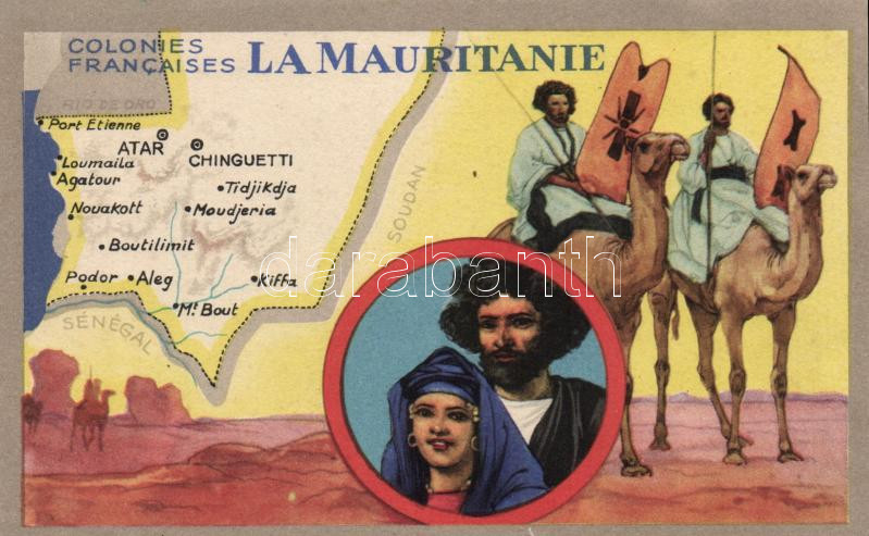 French colonies, Mauritania, map, costume, camel, folklore, description on the back side (non pc), Mauritania-i folklór, térképpel, tevék, hátoldalon leírás (non PC)