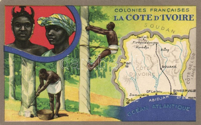 French colonies, Ivory Coast, folklore, map description on the back side (non pc), Elefántcsontpart folklór, térkép, hátoldalon leírás (non PC)