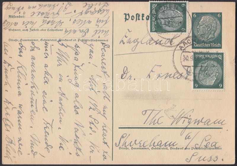 Suplementary postal stationery postcard to England, Díjkiegészített díjjegyes levelezőlap Angliába