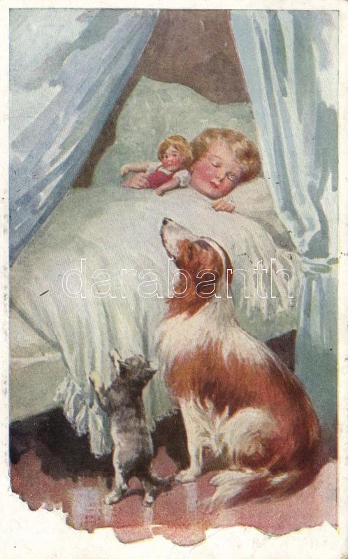 Sleeping child with dog and cat, Alvó gyermekre vigyázó kutya és macska