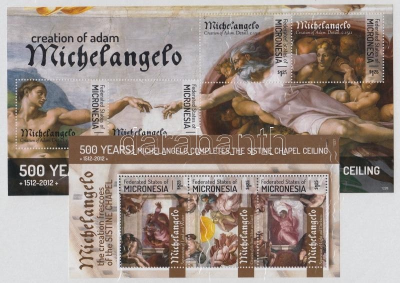 Michelangelo, Sixtus-kápolna festmények kisív + blokk, Michaelangelo, Sistine Cable paintings mini sheet+ block