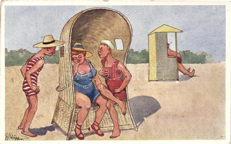 Beach, lady, man, humour, B.K.W.I. 680-4. s: Schönpflug, Tengerpart, hölgy, férfiak, humor, B.K.W.I. 680-4. s: Schönpflug