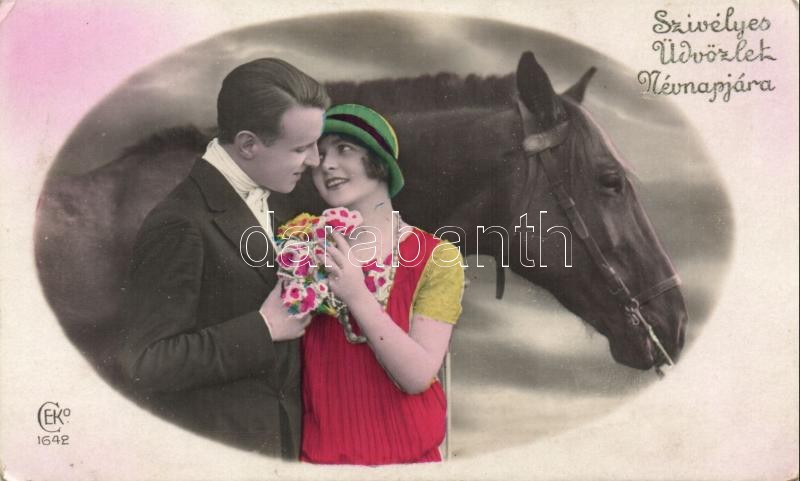 Name day greeting card , horse, couple, Névnapi üdvözlő lap, ló, pár