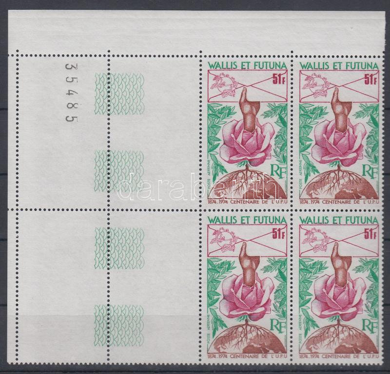 UPU Centenary 4 blank-field corner blocks of 4, 100 éves az UPU 4 üresmezős ívsarki négyestömb