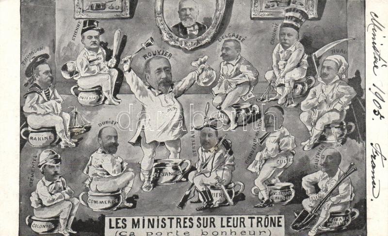 'Les ministres sur leur trone' French ministers, humour, caricature, Francia miniszterek, humor, karikatúra
