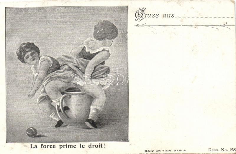 Francia humoros képeslap (vágott), 'La force prime le droit' French humourous postcard (cut)