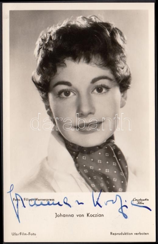 Johanna von Koczian (1933-) német színésznő, énekesnő, írónő saját kezű aláírása az őt ábrázoló fotóképeslapon, Johanna von Koczian (1933-) German singer autograph signature