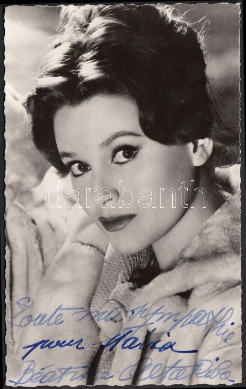 Beatrice Altariba (1939-) French actress autograph signature, Beatrice Altariba (1939-) francia színésznő saját kezű aláírása az őt ábrázoló fotóképeslapon