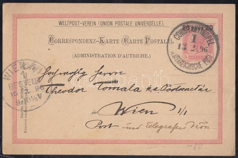 Díjjegyes levelezőlap Konstantinápolyból Bécsbe, PS-card from Constantinople to Vienna