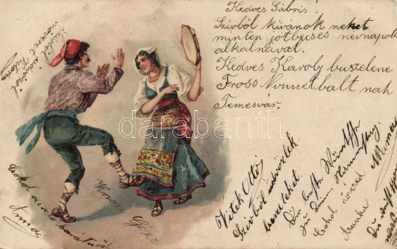 Olasz folklór, tánc,litho, Italian folklore, dancing, litho
