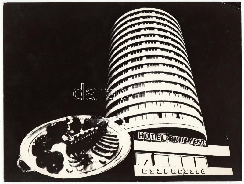 cca 1970-1980 Ismeretlen szerző: Hotel Budapest, reklám fotógrafika, montázzsal kombinálva, egyik sarka törött, 18x24 cm