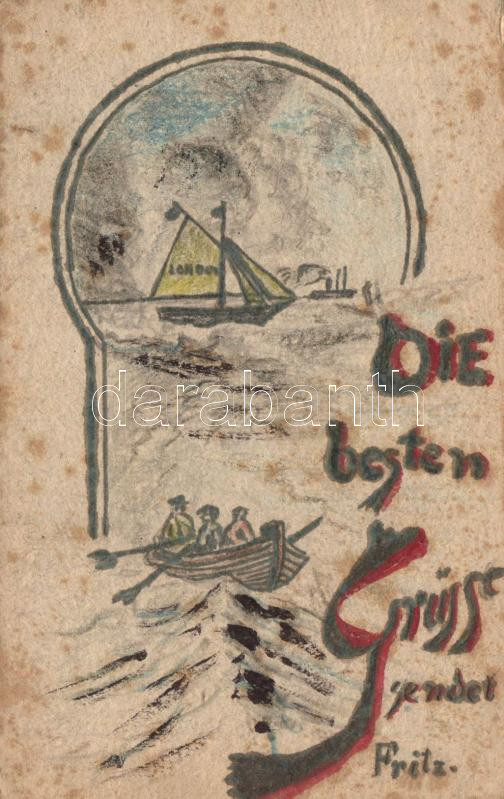 Die besten Grüssen von Fritz - hand painted postcard, Kézzel készült üdvözlőlap