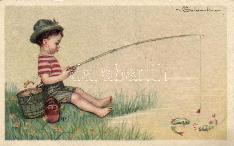 Italian art postcard, fishing 'Ultra No. 2321.' s: Colombo, Horgászú kisfiú, olasz művészeti képeslap, 'Ultra No. 2321.' s: Colombo