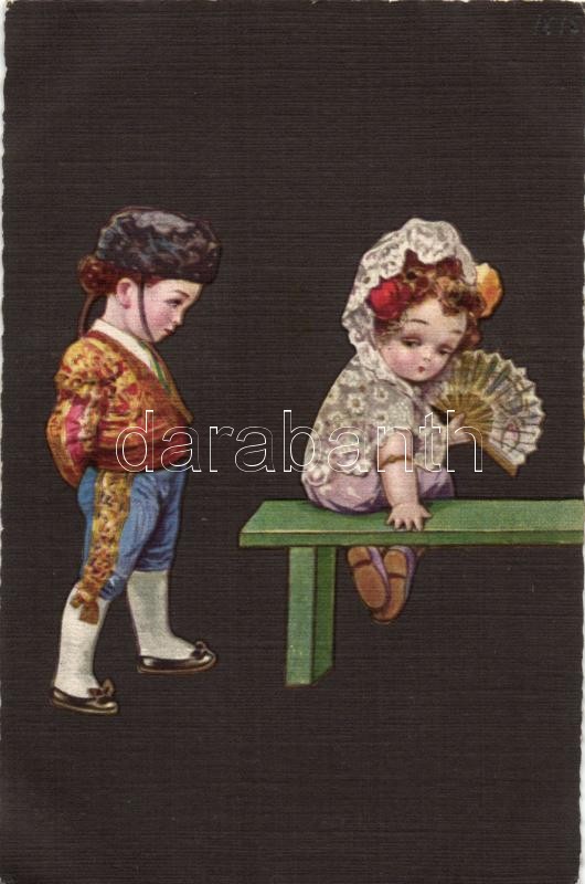 Italian art postcard, Spanish couple, Colombo, Spanyol gyermek pár, Iparművészeti iskola; olasz művészeti képeslap