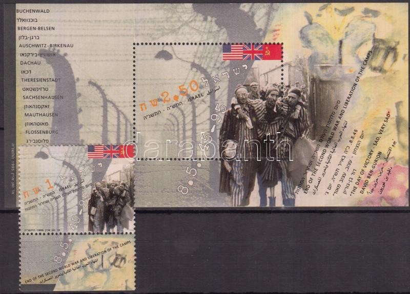 50 anniversary of end of the World War II. the liberation of the concentration camps stamp with tab + mini sheet + block (folded 2x), A II. világháború végének és a koncentrációs táborok felszabadításának 50. évfordulója tabos bélyeg + kisív + blokk (2x hajtott)